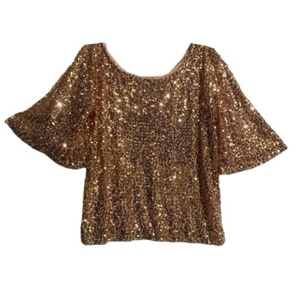 Gold Sequin Party Blouse Boat Neck 3/4 Disco Bell Sleeve Slightly Crop Relaxed - Picture 10 of 11